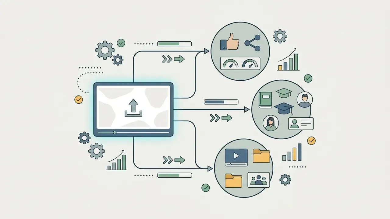 Video file branching into social media, educational platforms, and digital storage folders