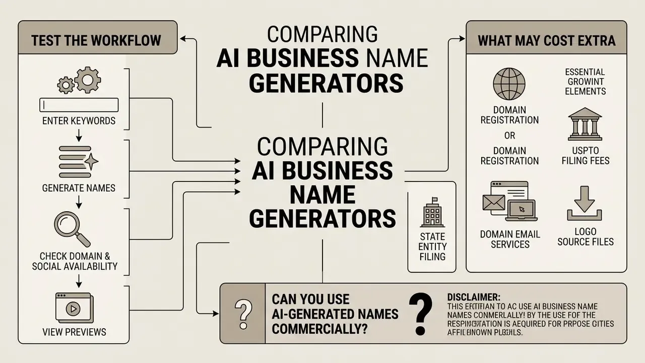 Infographic summarizing the workflow and potential extra costs when using an AI business name generator