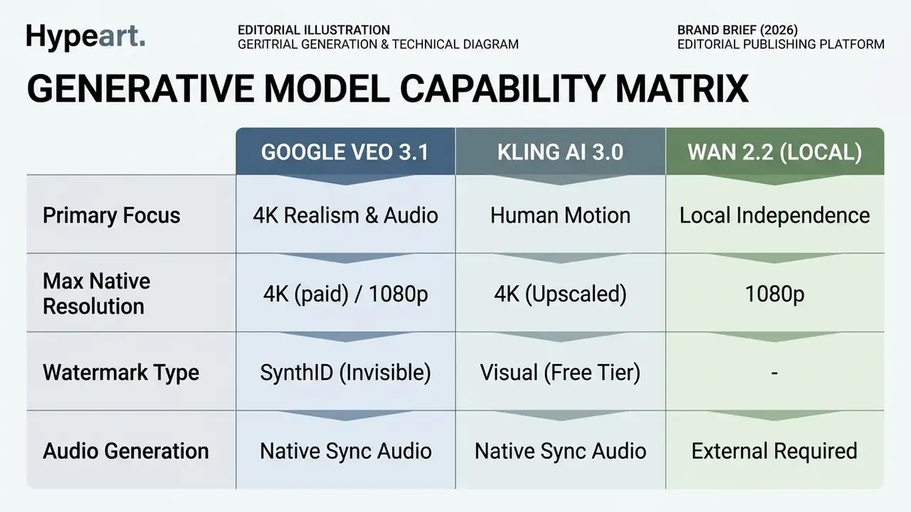 Comparison table detailing technical specifications for Google Veo, Kling AI, and WAN generative video models