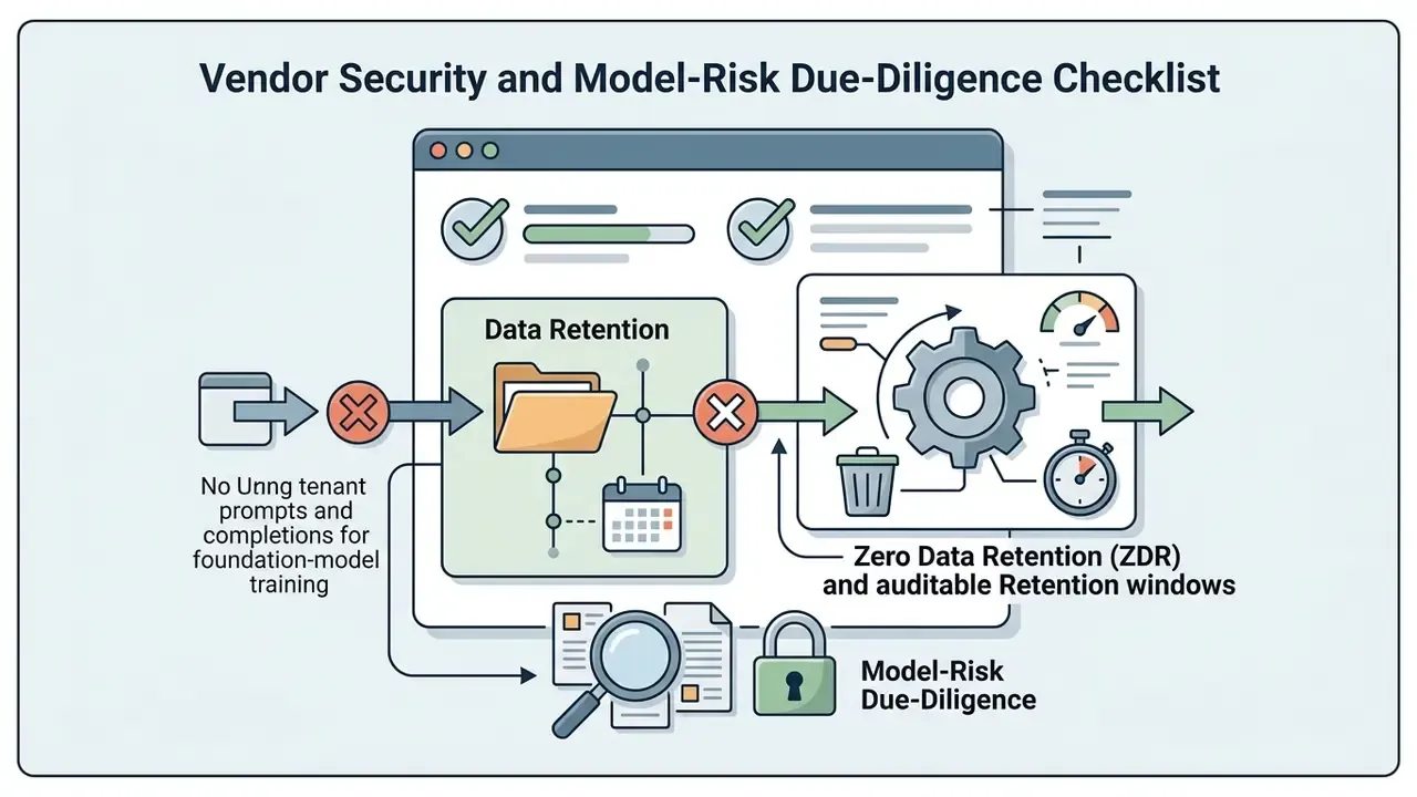 Process flow showing data retention controls, ZDR policies, and model risk due diligence assessments