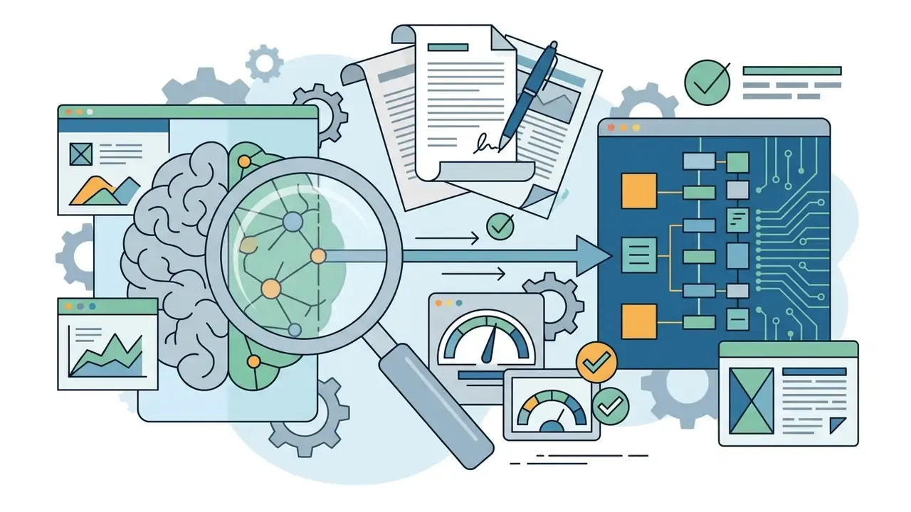 Magnifying glass over a brain model linked to technical charts, speedometers, and a circuit board diagram