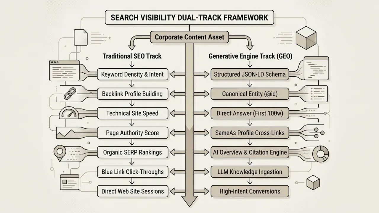 Comparison chart showing parallel workflows for traditional SEO and generative engine optimization