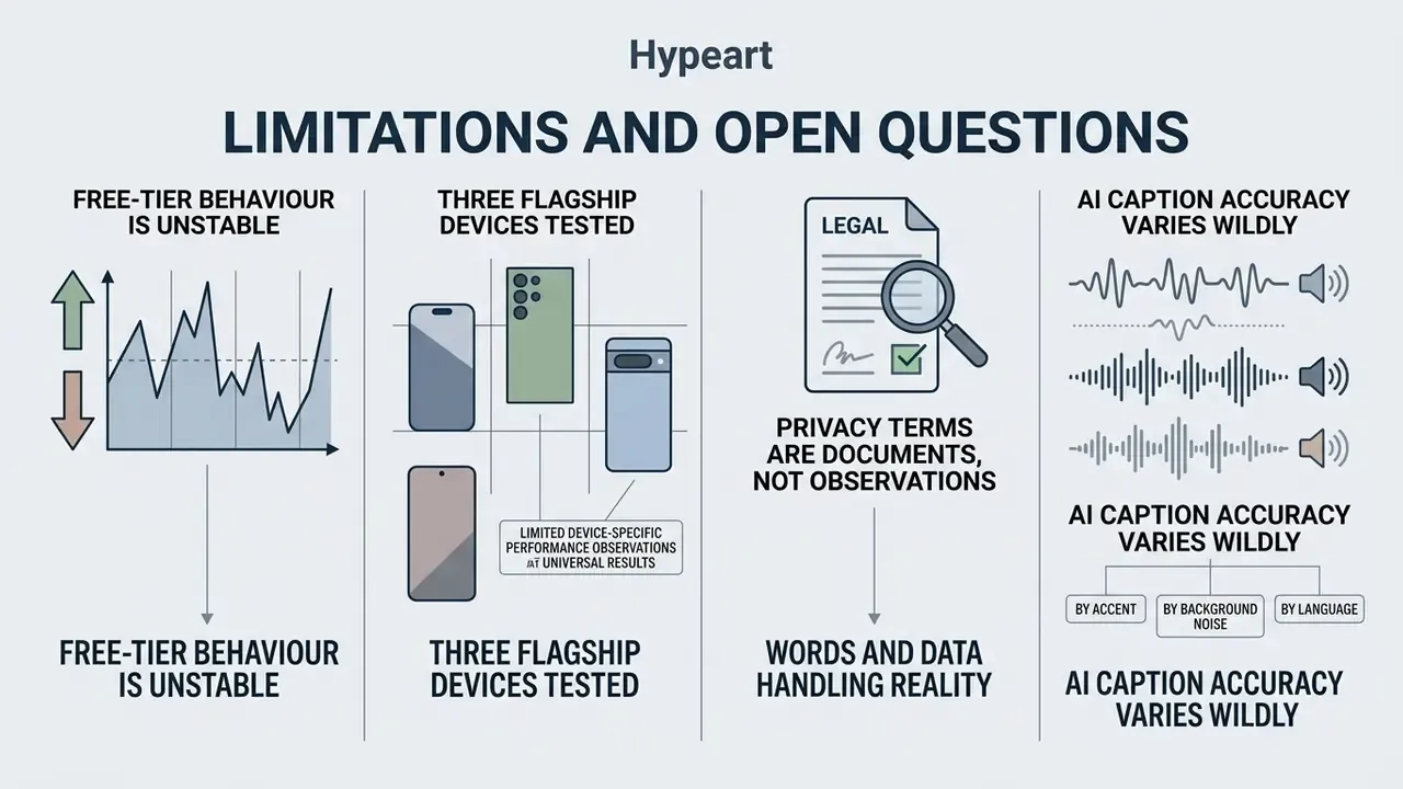Four panels showing unstable app performance, device testing, privacy documents, and AI audio variance