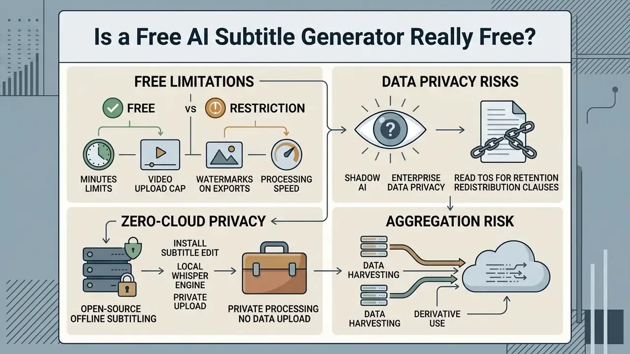 Infographic comparing free AI subtitle generator limitations, data privacy risks, and cloud aggregation