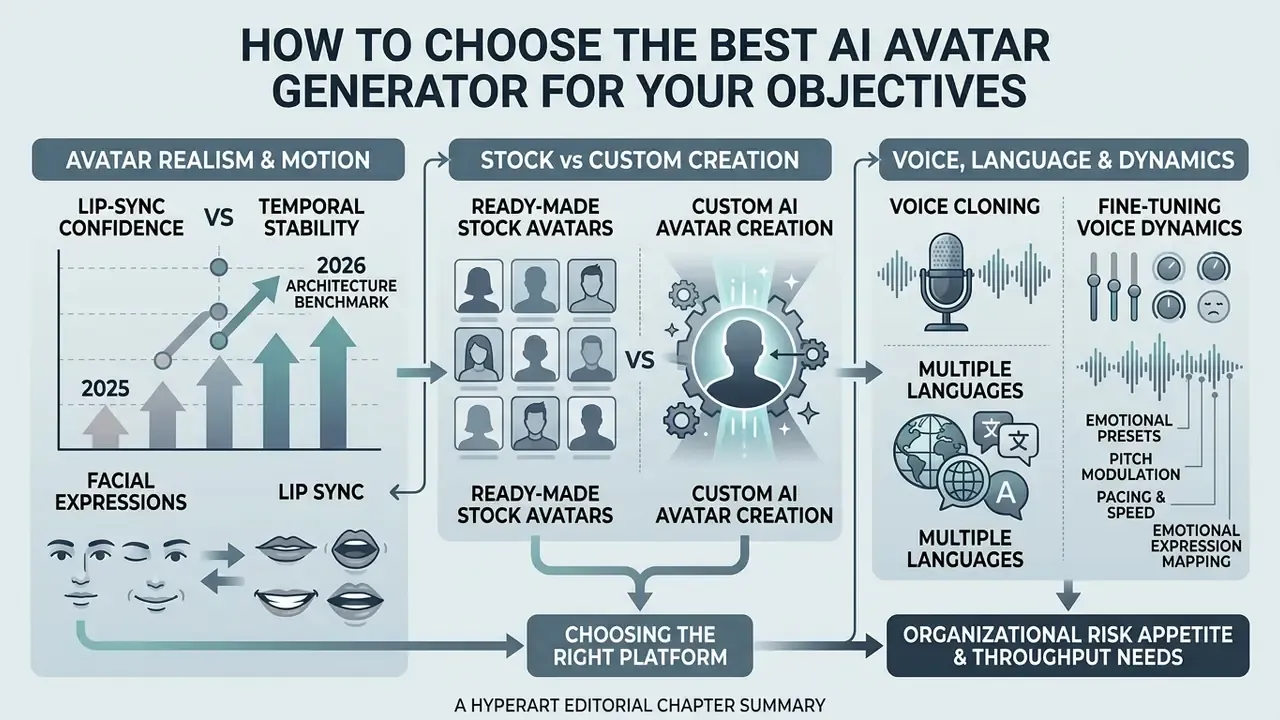 Infographic comparing AI avatar realism, stock versus custom creation, and voice dynamics for platforms