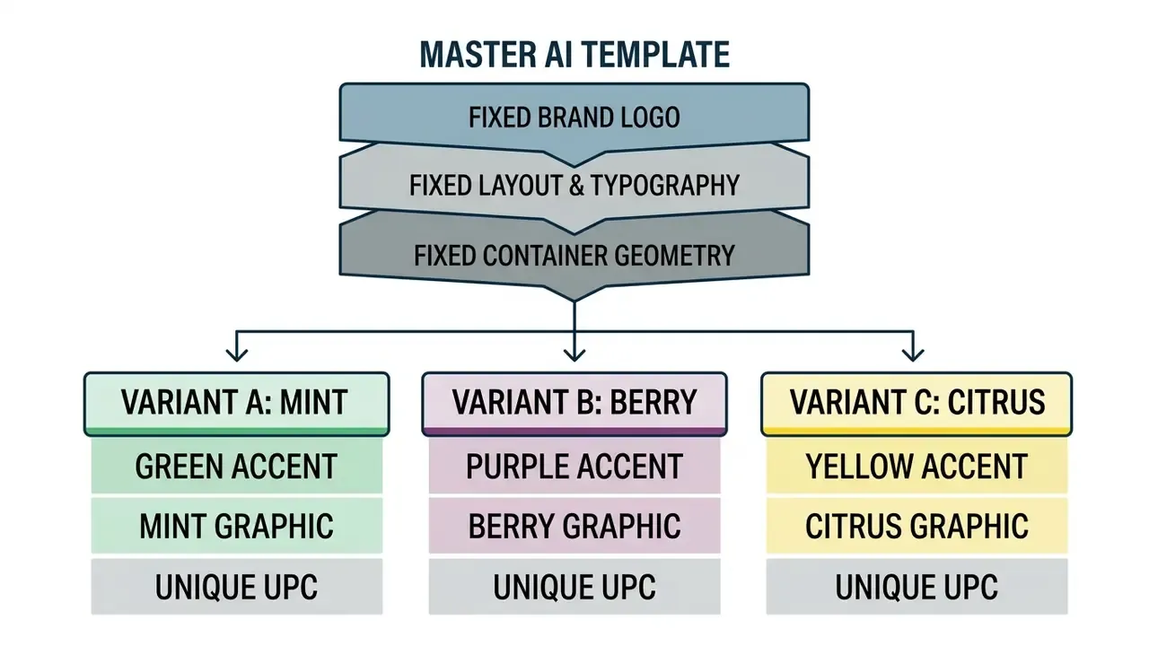Diagram showing a master template branching into three distinct product variants with unique color accents