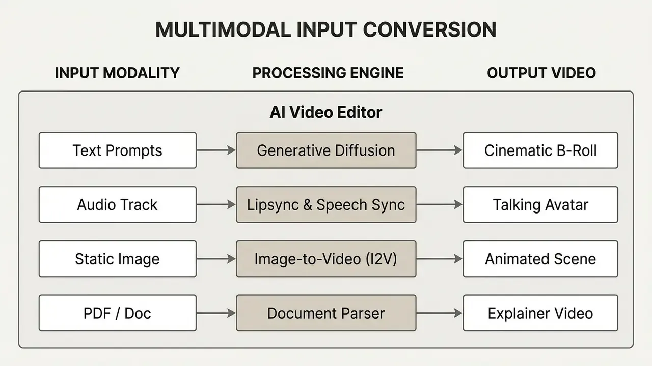 Flowchart showing four input types processed into specific video outputs through specialized engines
