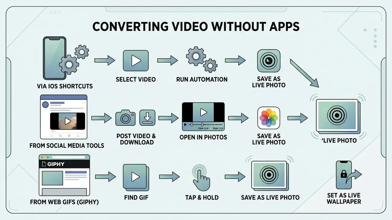 Flowchart showing three methods to make a video a live photo using iOS Shortcuts, social media tools, or GIPHY