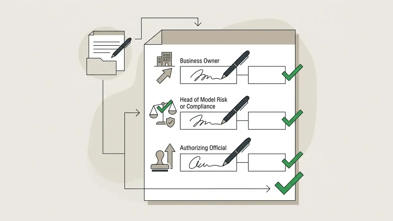 Document with signature fields for business, compliance, and authorizing roles marked with green checkmarks