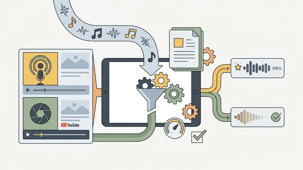Tablet processing media icons and documents through gears to output branded audio intros and outros