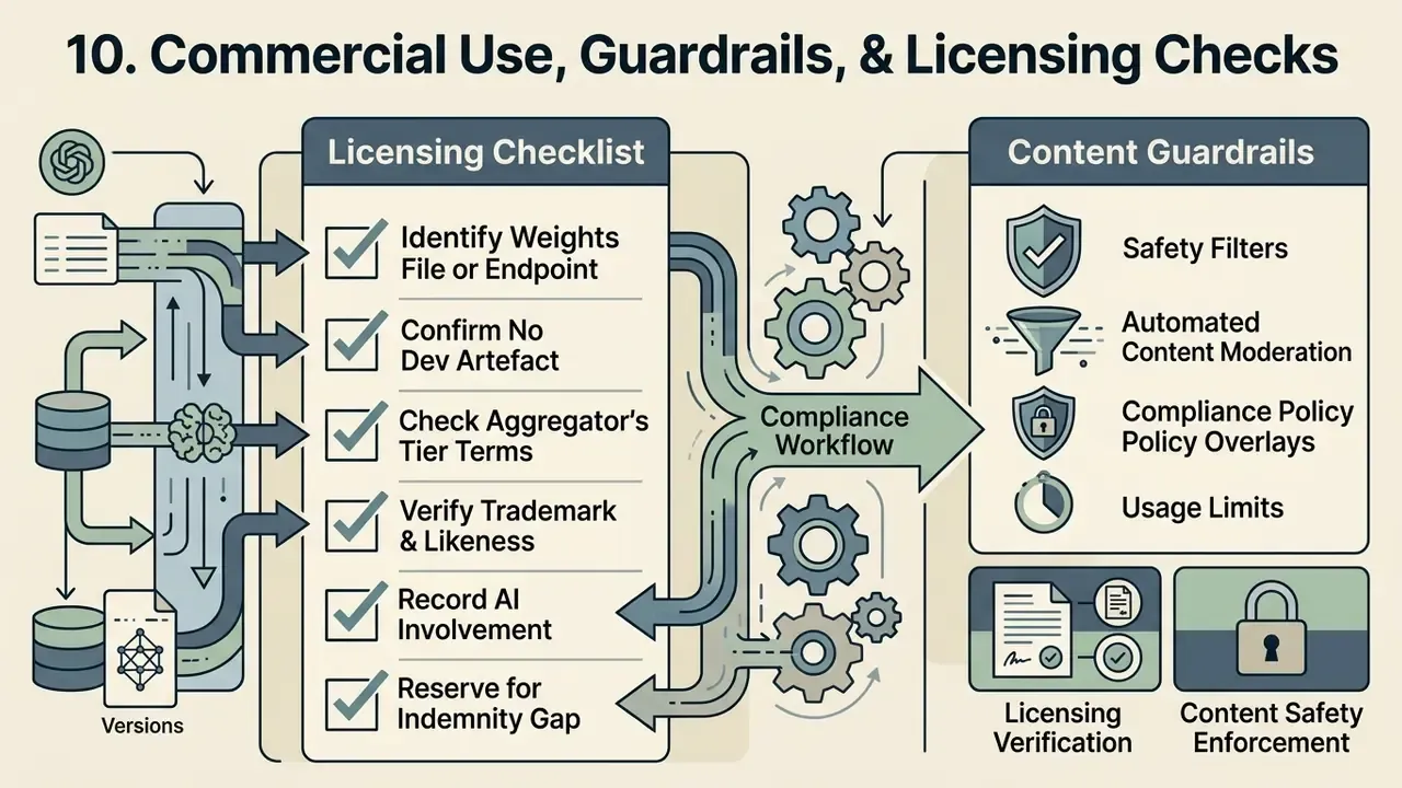 Diagram detailing a compliance workflow for licensing checklists and content guardrails in AI generation