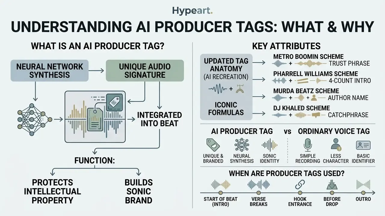 Infographic explaining how AI producer tag synthesis creates unique audio signatures for music branding