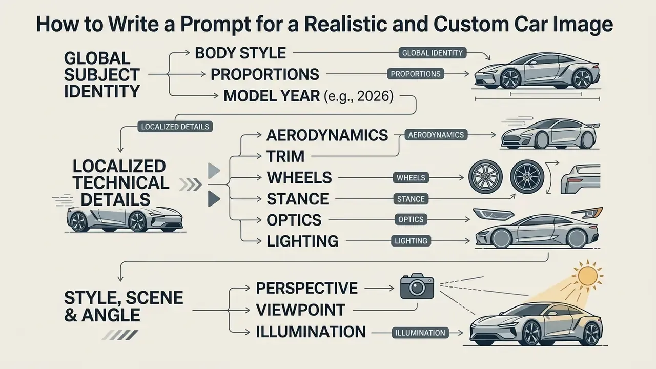 Infographic showing how to organize text prompts by vehicle identity, technical details, and scene elements