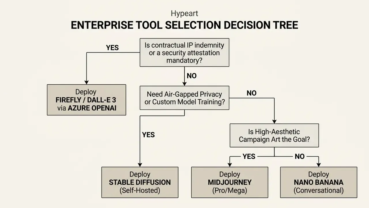 Decision tree guiding enterprise tool selection for AI generators like Midjourney based on specific requirements