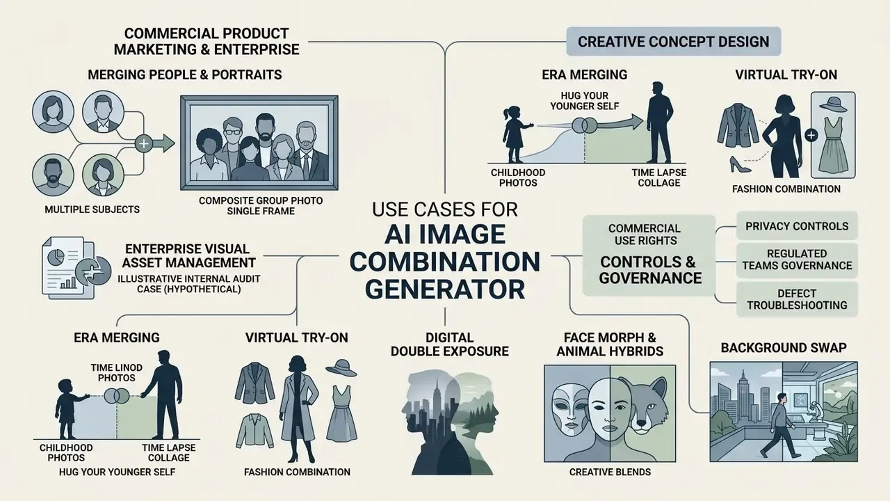 Infographic showing diverse applications for an AI image combination generator in marketing and design