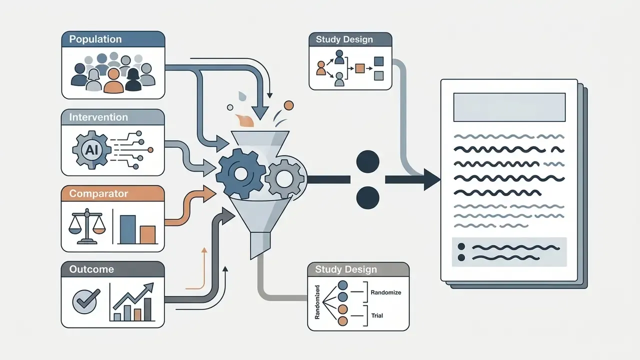 Research components flowing through a funnel and gear system to form a structured scientific document