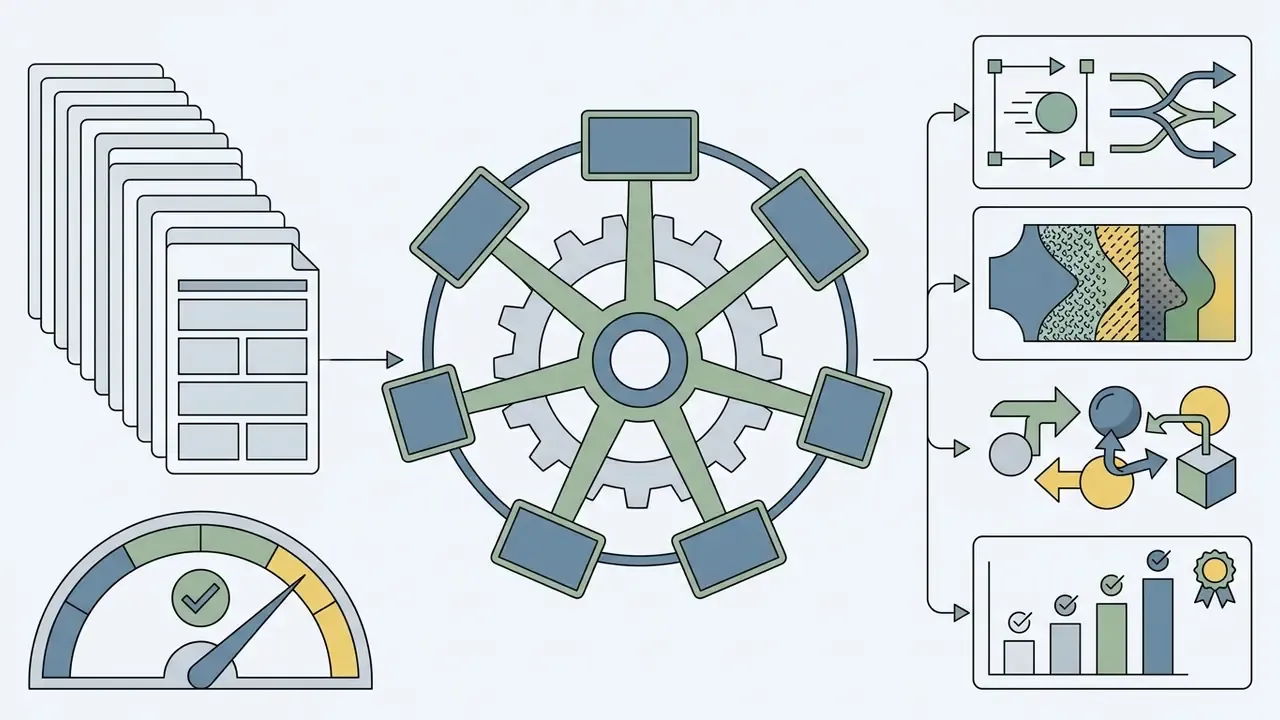 Multiple documents feeding into a central gear mechanism that branches into four distinct analysis icons
