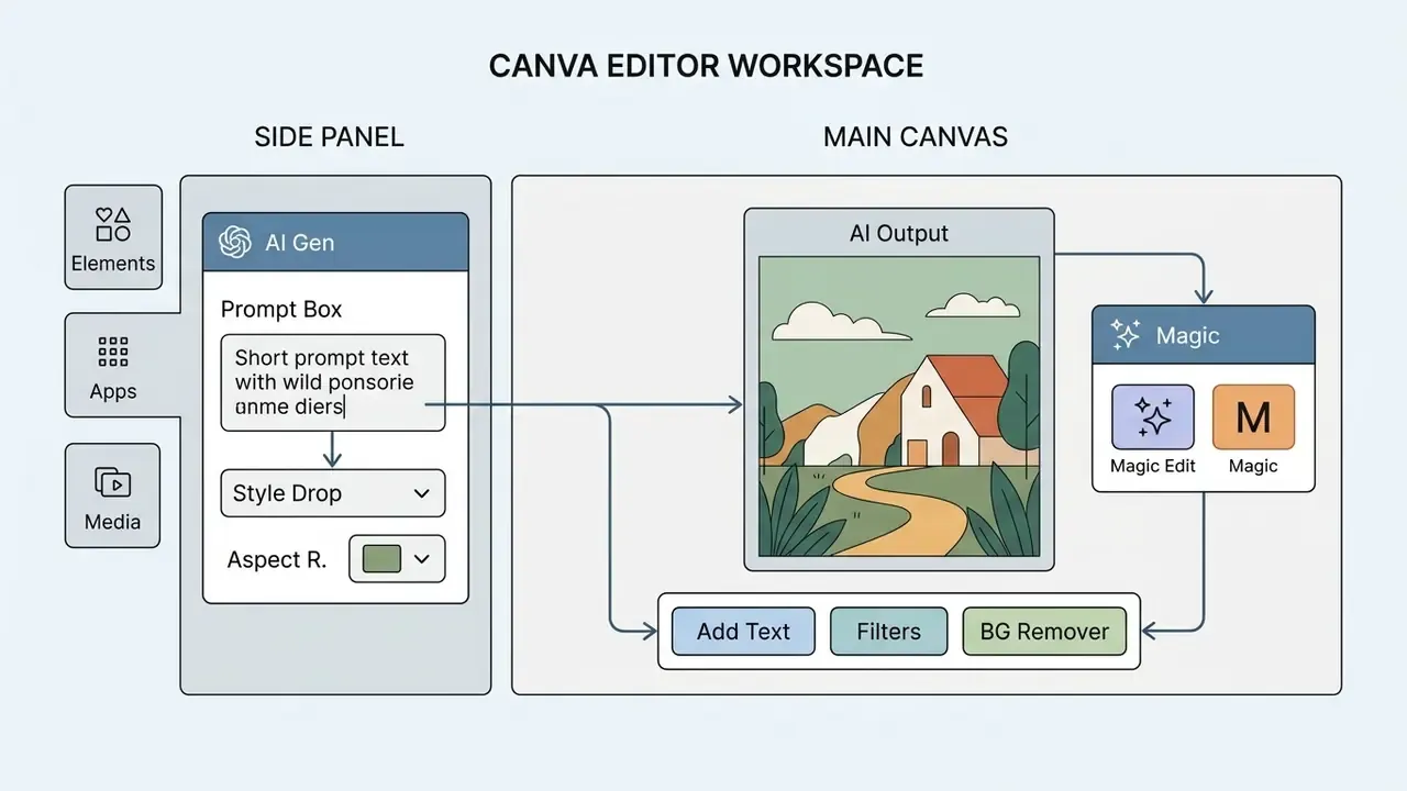 Layout showing a prompt box in a side panel connecting to an AI generated image on the main canvas