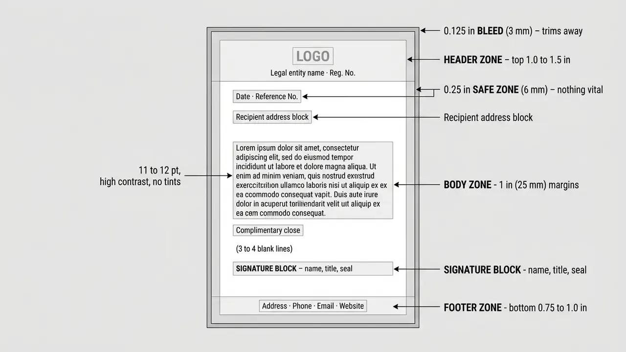 Technical guide showing standard document margins and zones for professional stationery layout