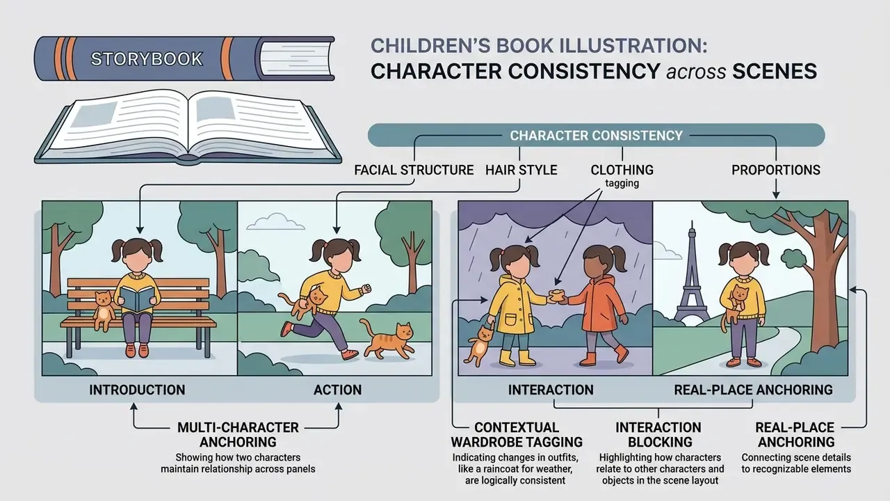 Infographic explaining techniques for maintaining character consistency across children book scenes