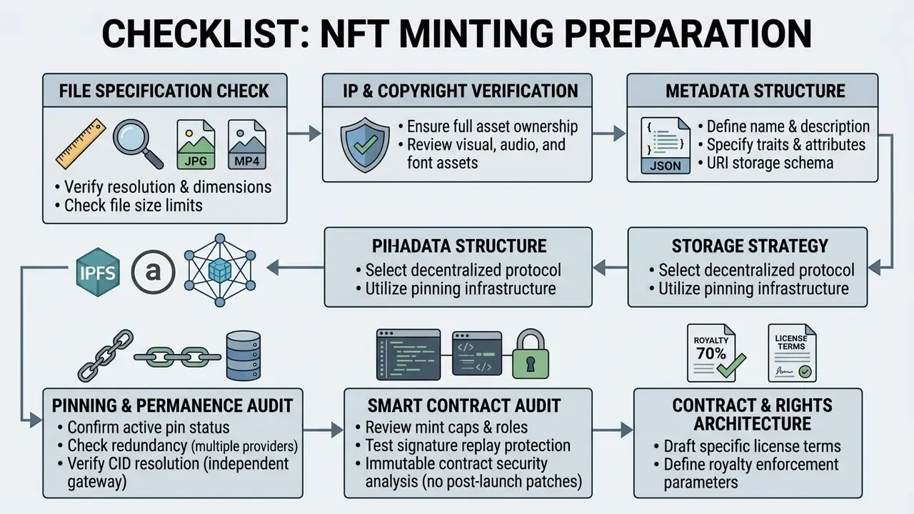 Step-by-step process flow for NFT minting preparation including file checks, metadata, and storage
