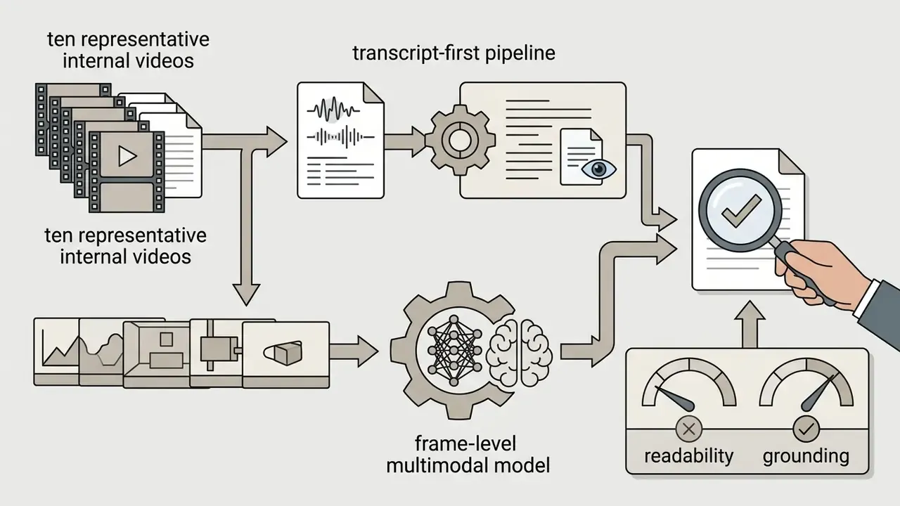 Two parallel workflows comparing transcript pipelines and frame-level models evaluated by a hand with a lens