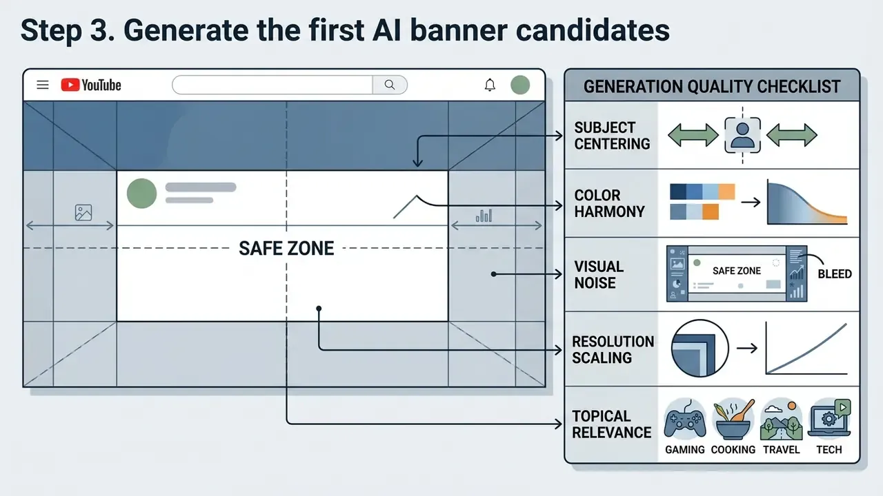 Checklist showing quality standards for banner composition including centering and color harmony