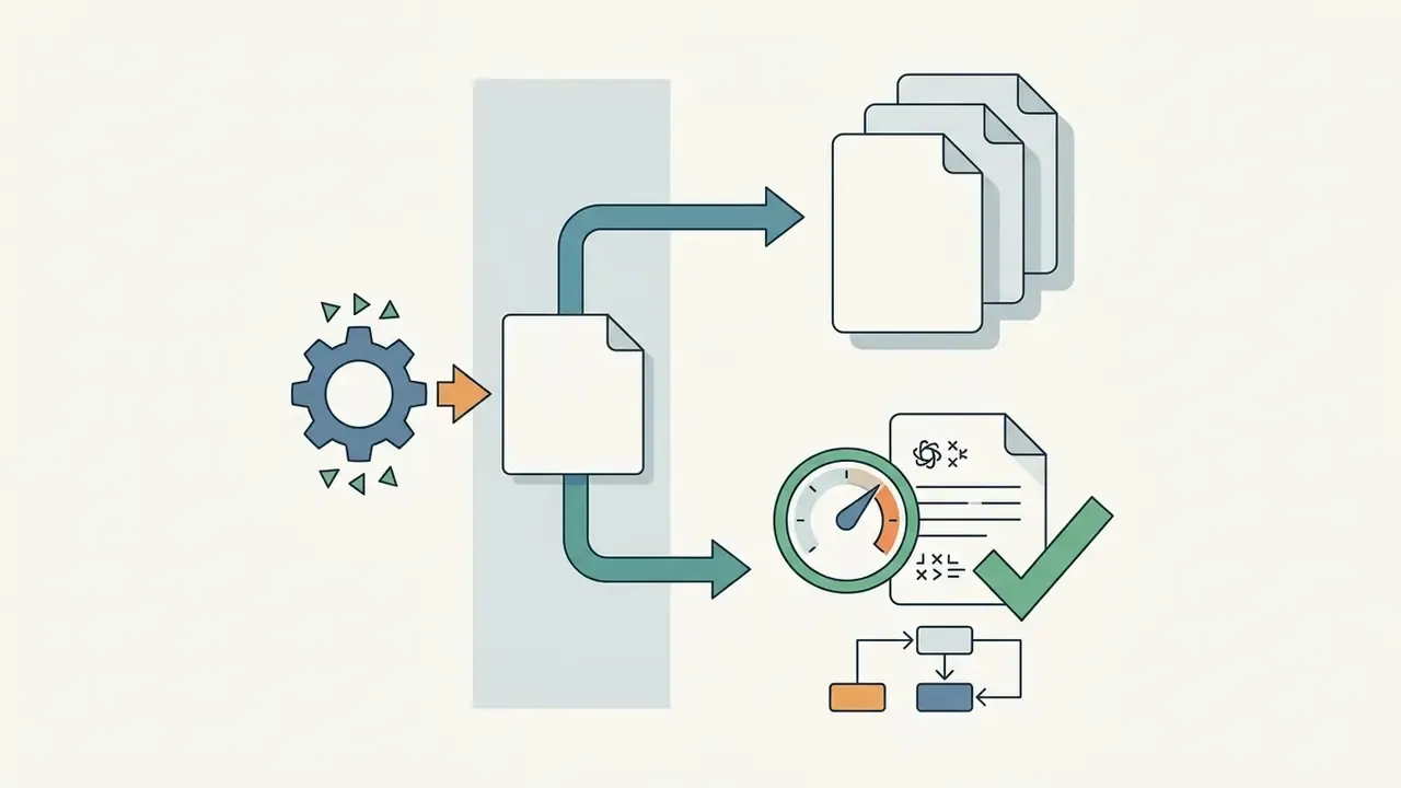 Gear processing a document into multiple files and a validated report with a performance gauge