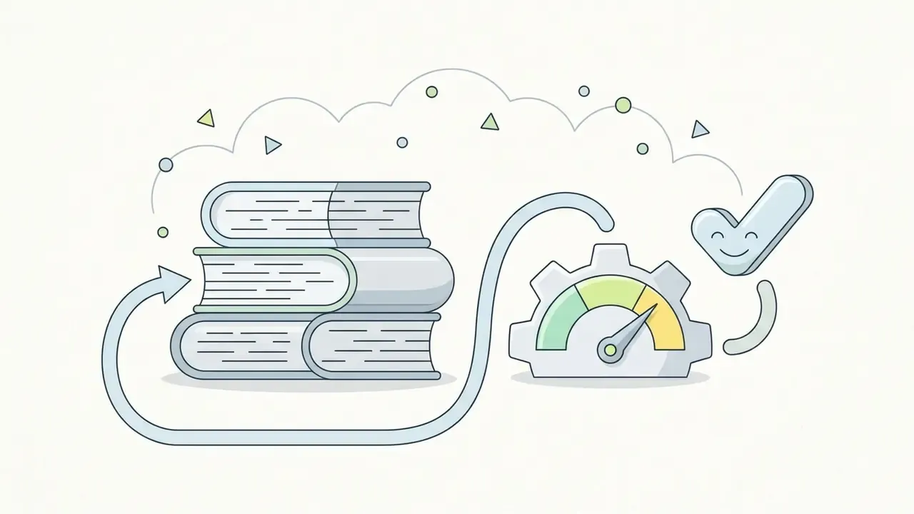 Stack of books connected by a curved line to a speedometer gauge and a smiling checkmark icon