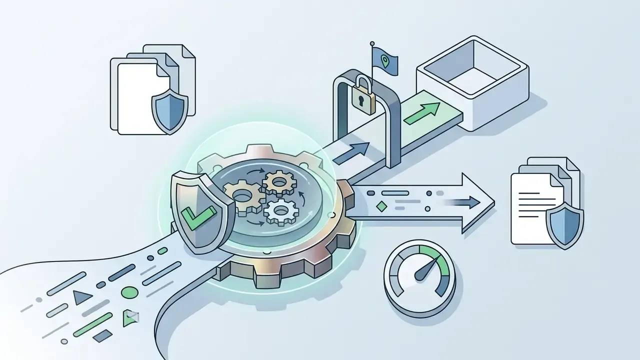 Data processing gears protected by a shield icon with a location flag and a speed gauge