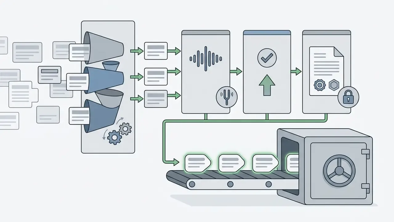 Data flowing through funnels into phonetic analysis, approval, and secure storage on a conveyor belt