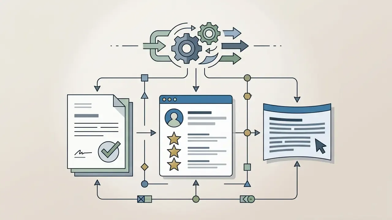 Gears processing user profile data and star ratings into a professional document and web endorsement