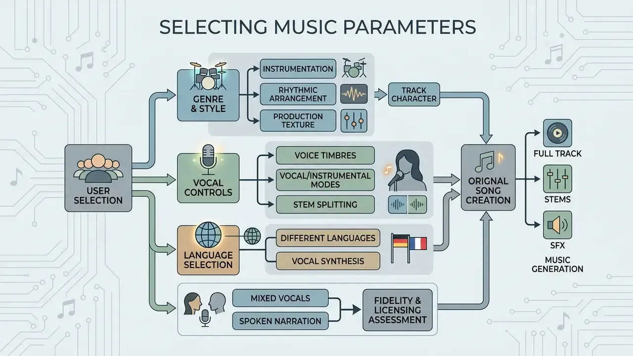Flowchart detailing the process of configuring musical elements like genre, vocals, and language settings
