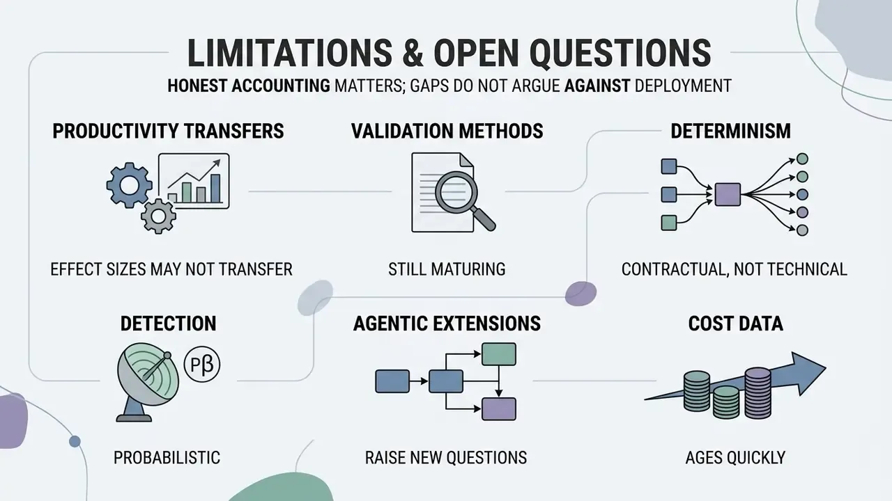Six icons illustrating technical challenges including validation, determinism, detection, and cost data