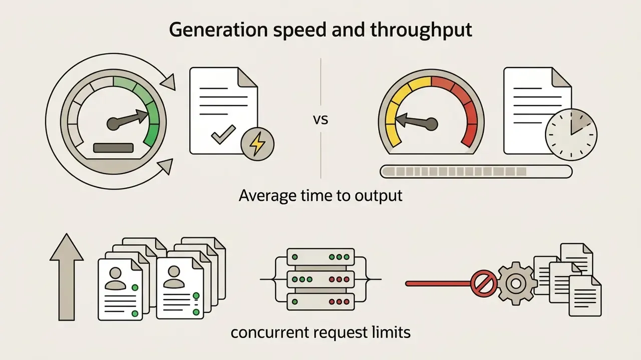 Speedometers and document icons comparing fast versus slow output times and concurrent request capacity