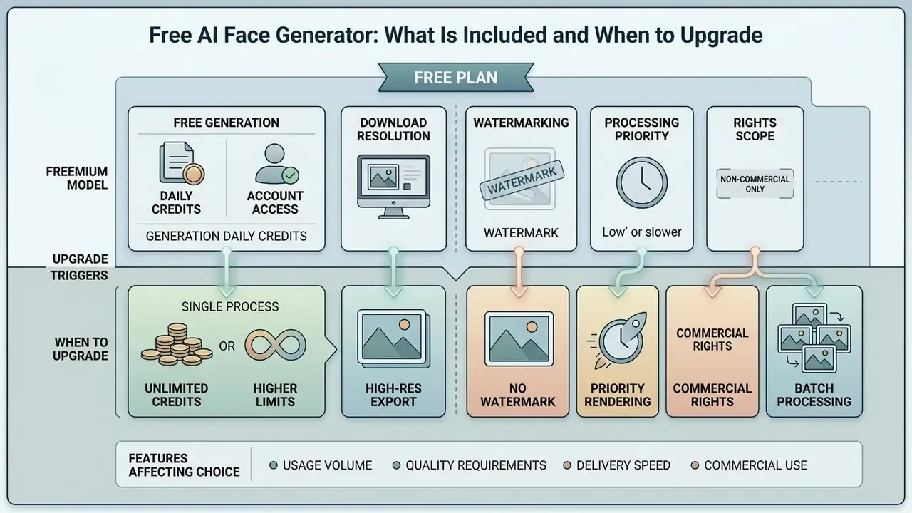 Comparison table showing feature differences between free and paid AI face generator service tiers