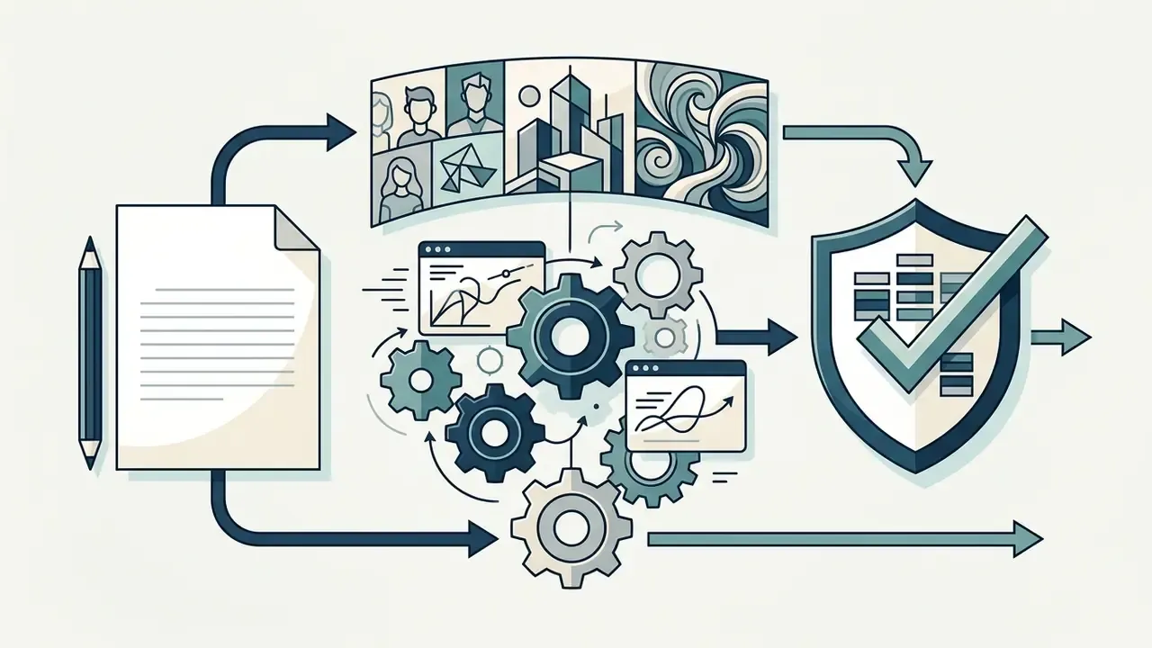 Written document and visual concepts flowing through a mechanical gear processor into a compliance shield