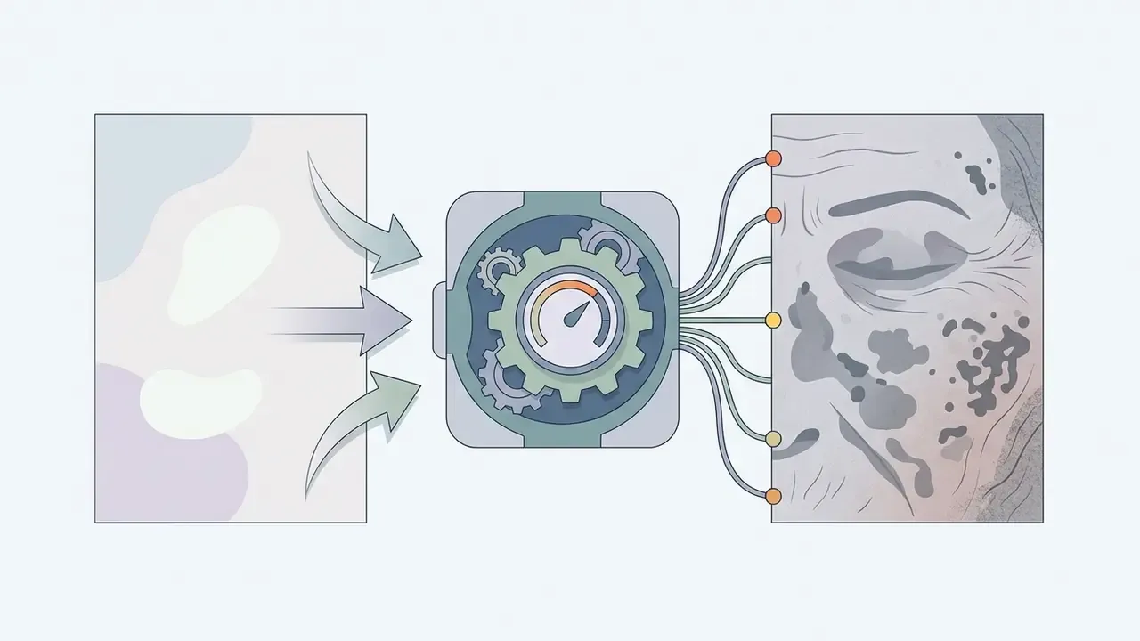 Diagram showing input data processed by a mechanical gear system to generate facial skin texture changes
