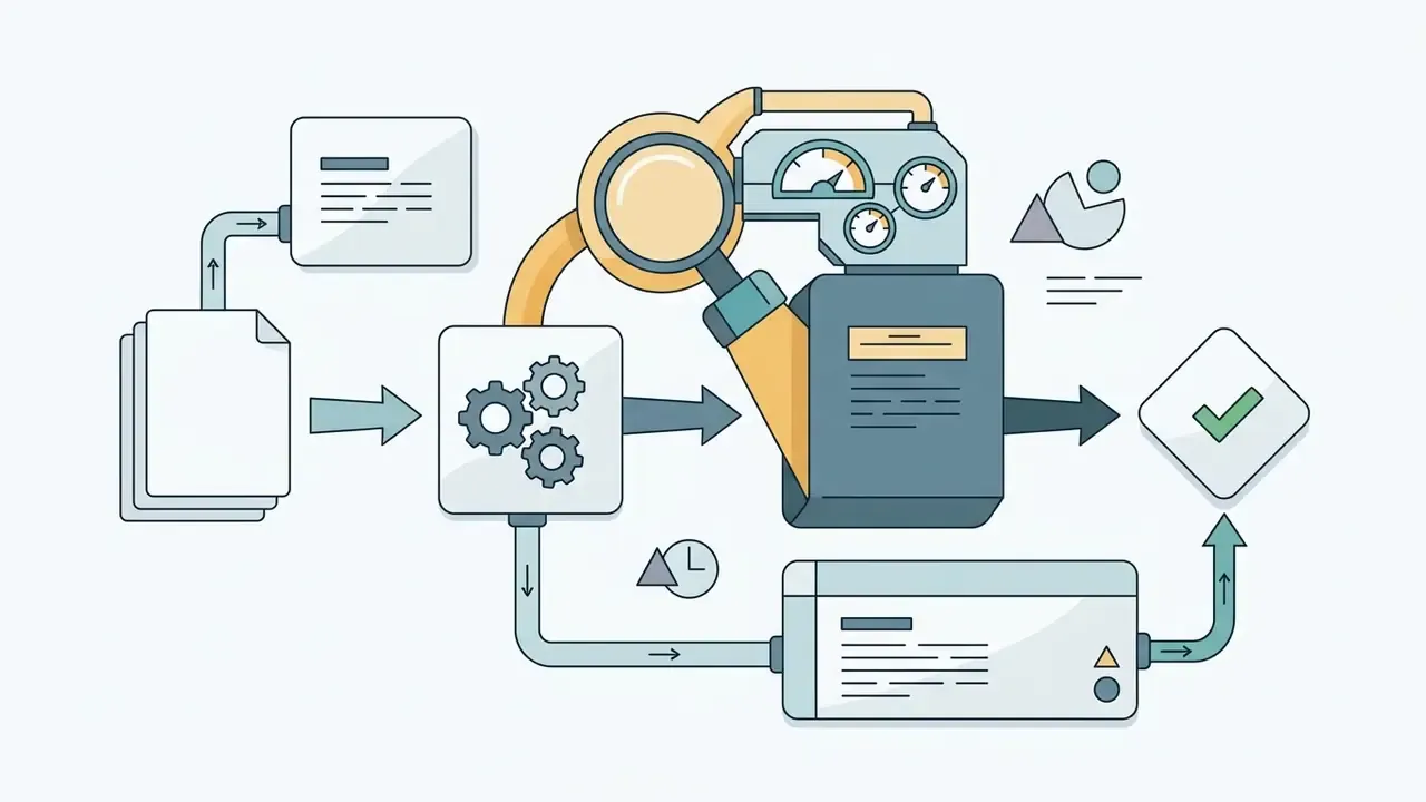 Documents moving through a gear mechanism and inspection gauges to reach a final approval checkmark