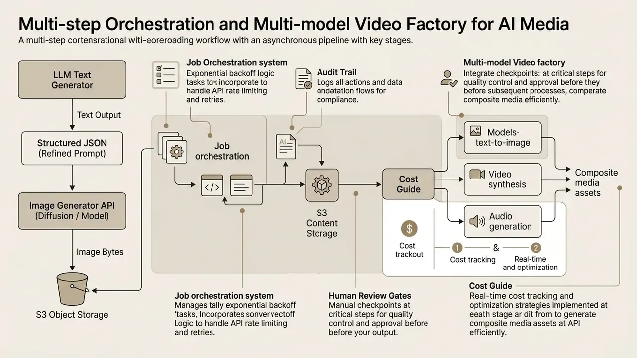 Flowchart detailing an orchestration pipeline from text generation to multi-model media synthesis
