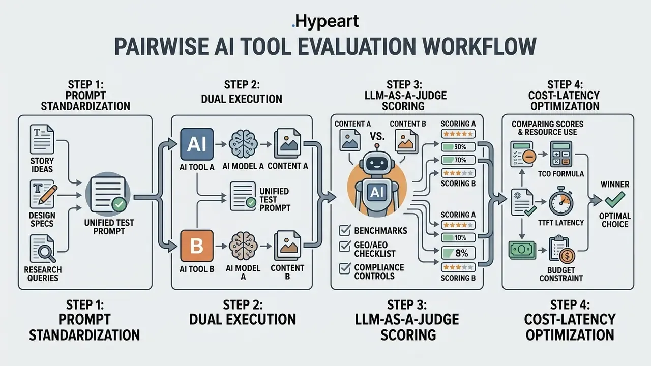 Four-stage flowchart detailing the process of standardizing prompts and scoring AI media tool outputs