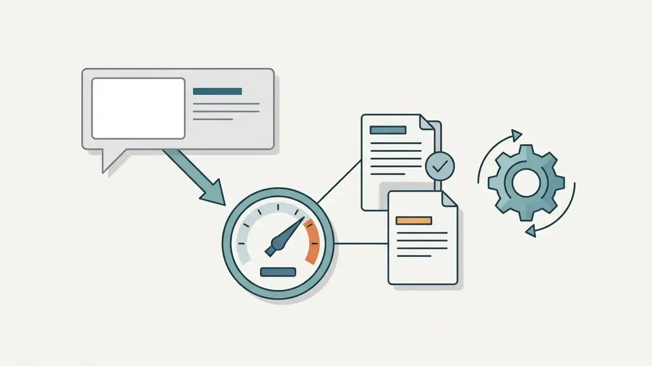 Speech bubble pointing to a speedometer connected to document icons and a rotating gear icon