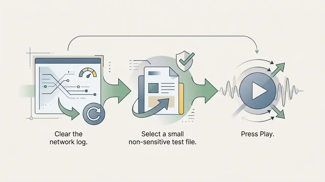 Network log, test file, and play button icons illustrating a three-step media troubleshooting process