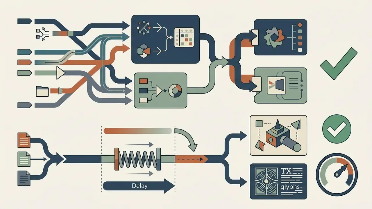 Data streams converging into processing nodes with a delay mechanism and final output indicators