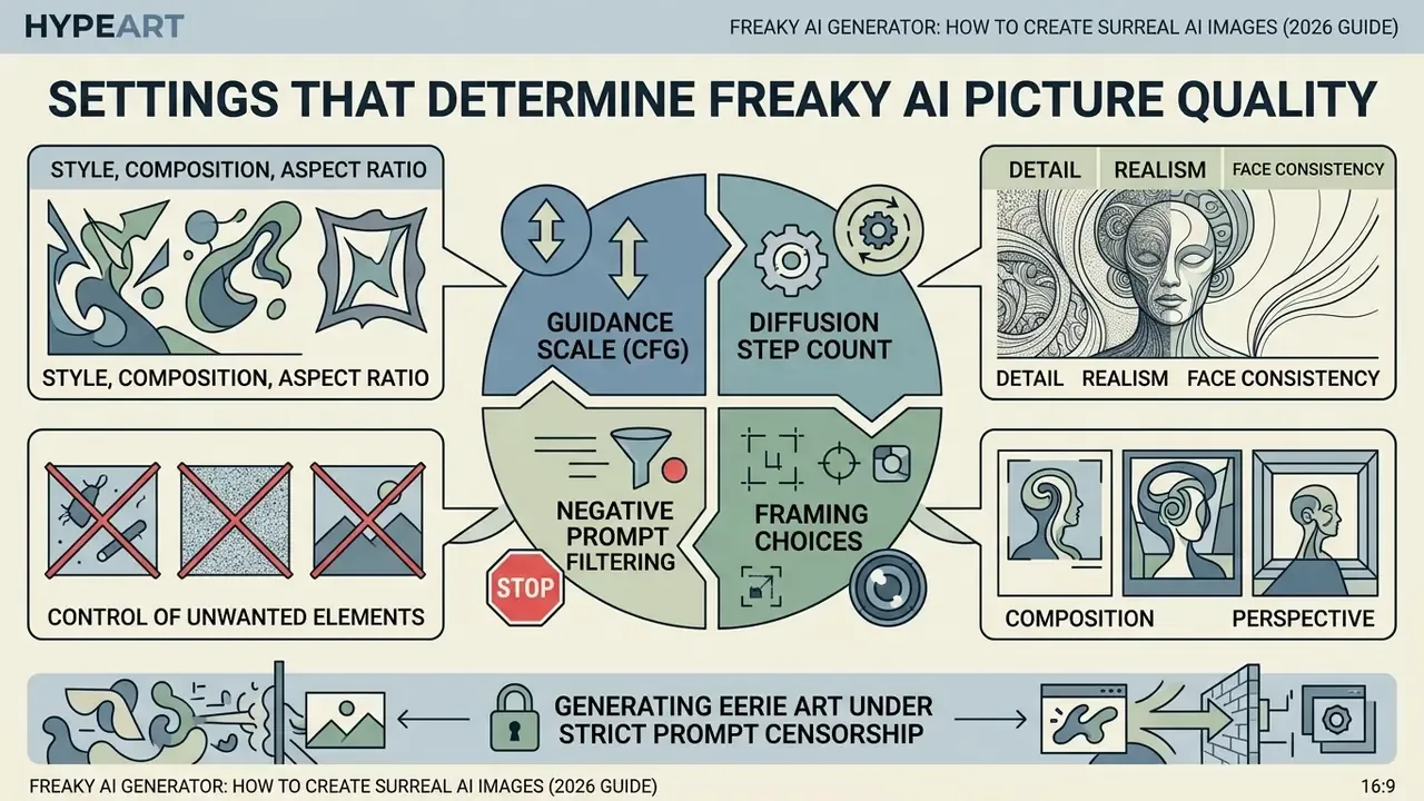Infographic detailing core parameters like guidance scale, diffusion steps, and framing for surreal art