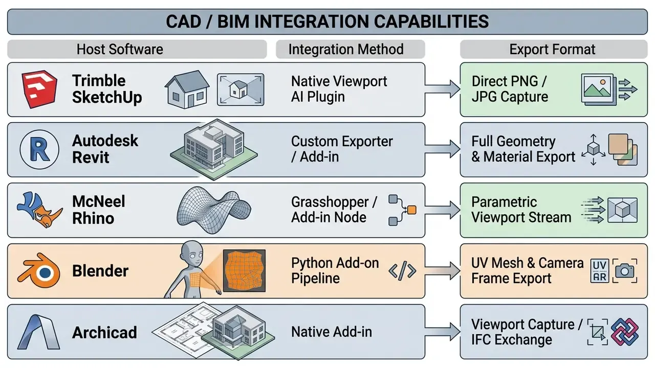 List of CAD and BIM software showing their specific integration methods and resulting export formats