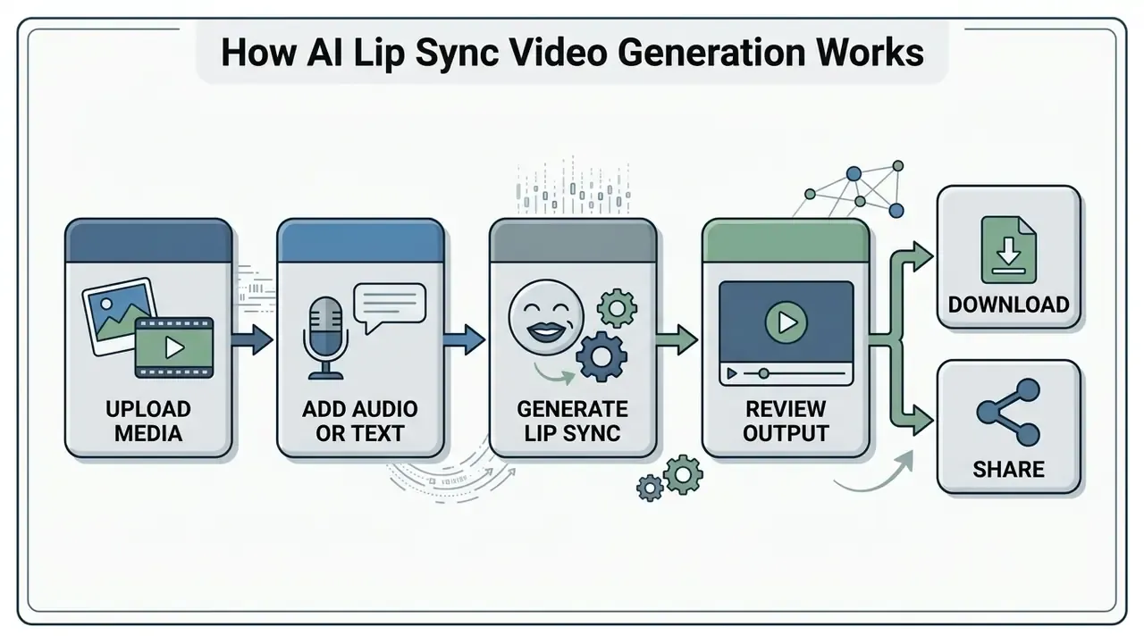 Flowchart showing steps to upload media, add audio or text, generate animation, review, and export output