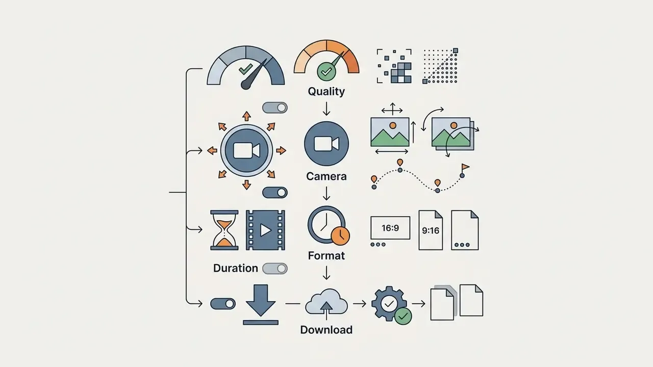 Icons representing quality, camera movement, video duration, and file format settings for media export