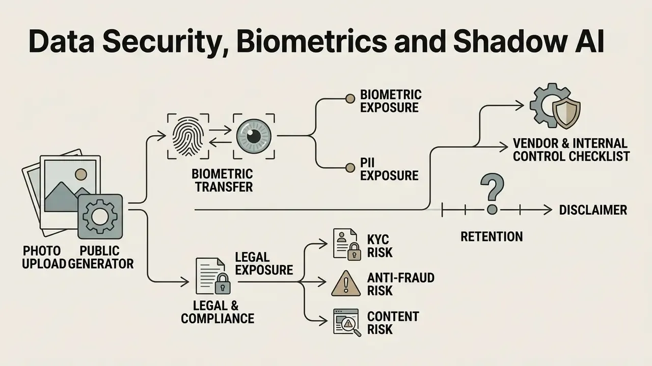 Diagram showing risks of biometric and PII exposure when uploading photos to public generators