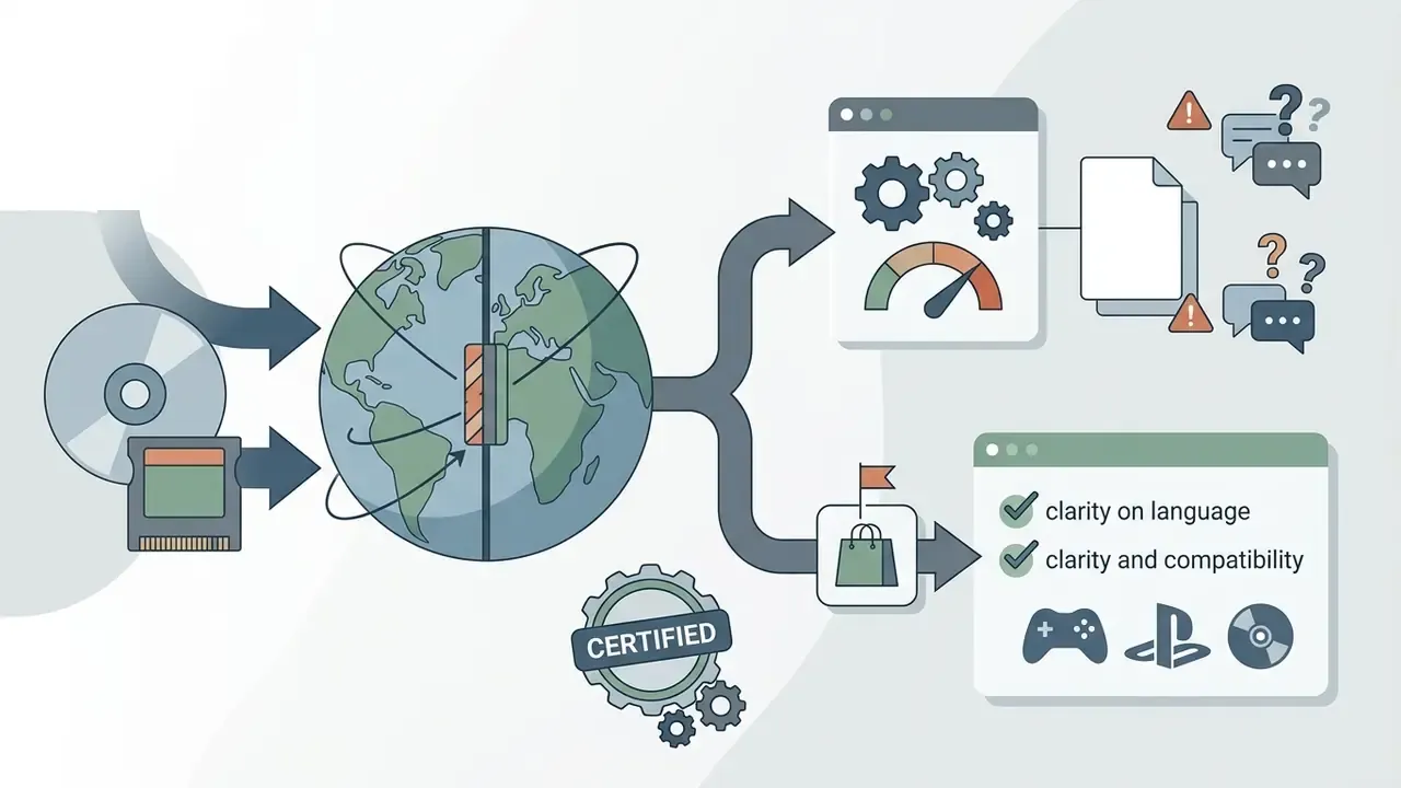 Global game media flowing through a central hub to either confusing technical hurdles or clear storefronts